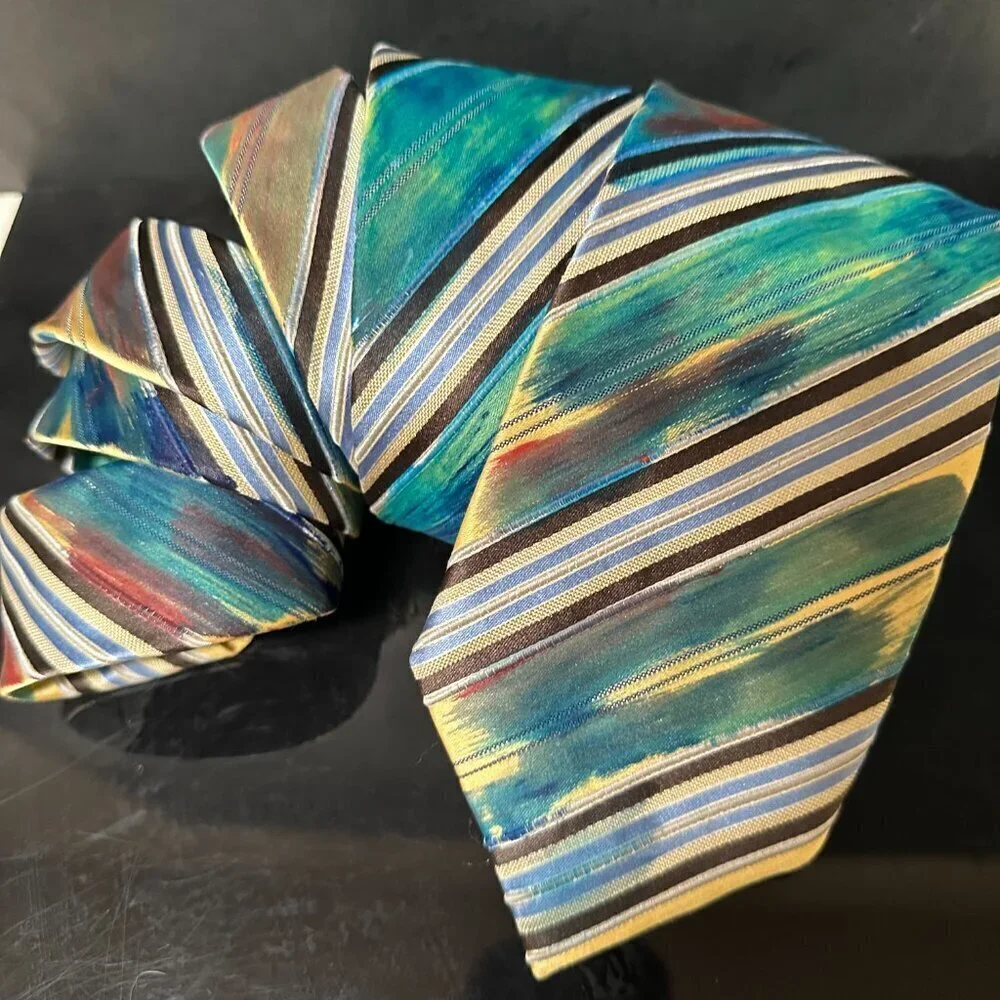 Ermenegildo Zegna Hand Painted SilkTie Striped Necktie Abstract Art Upcycle Red